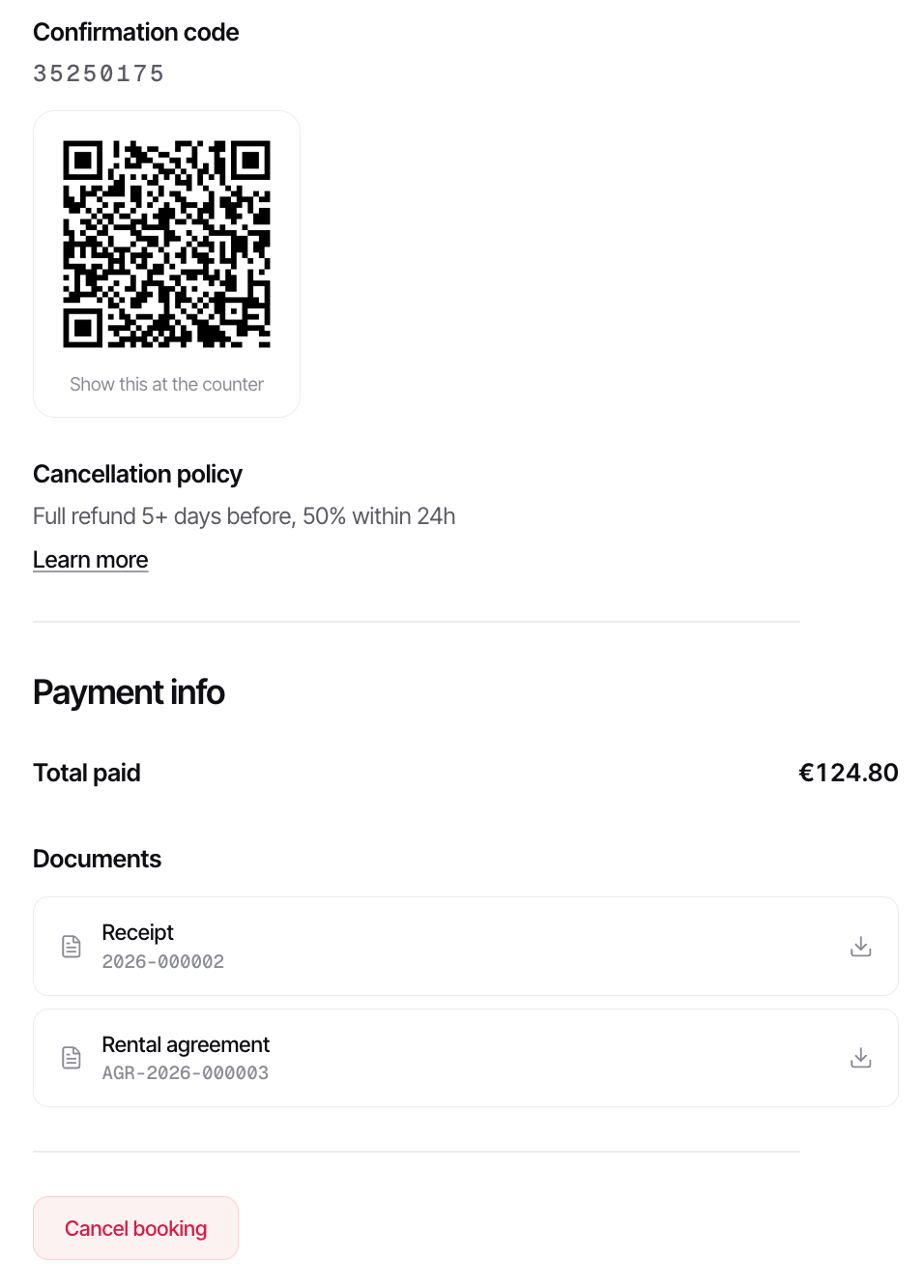 Booking confirmation with the signed agreement and QR code