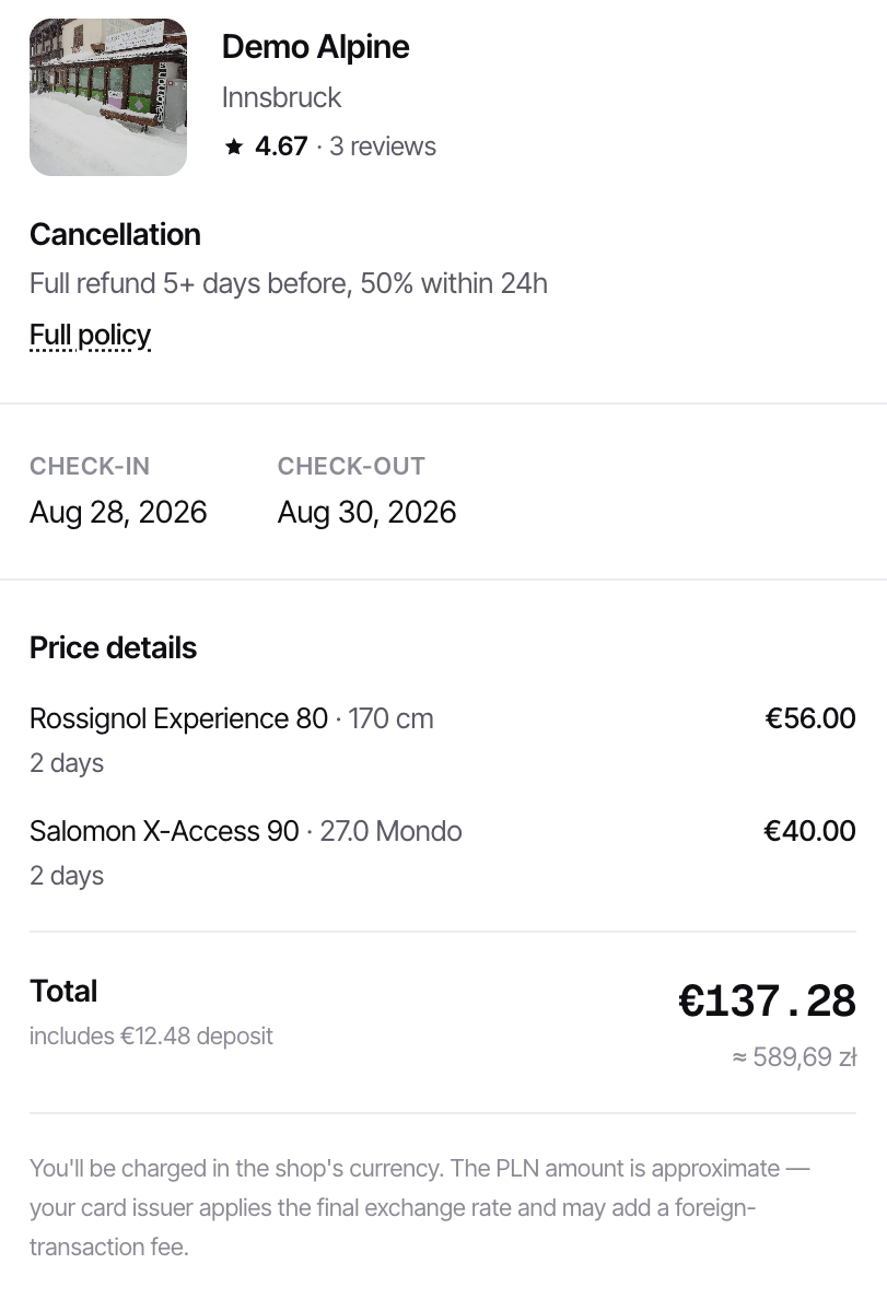 Booking summary with a price breakdown and long-rental discount
