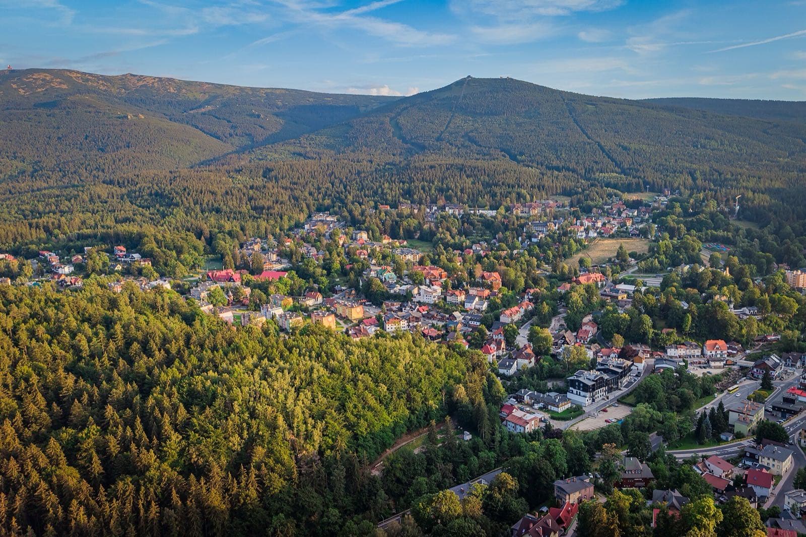 Aerial view of Szklarska Poręba with Szrenica above the town